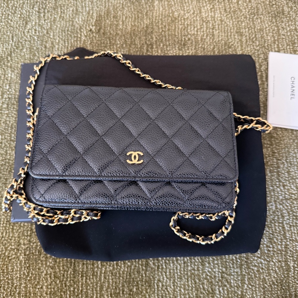 CHANEL Black Caviar Wallet on a Chain Gold Hardware